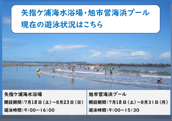 矢指ケ浦海水浴場と市営海浜プール遊泳状況