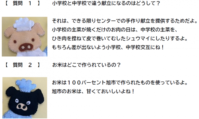 質問1 小学校と中学校で違う献立になるのはどうして? 答え1 それは、できる限りセンターでの手作り献立を提供するためだよ。小学校の主菜が焼くだけのお肉の日は、中学校の主菜を、ひき肉を捏ねて皮で巻いてむしたシュウマイにしたりするよ。もちろん差が出ないよう小学校、中学校交互にね! 質問2 お米はどこで作られているの? 答え2 お米は100パーセント旭市で作られたものを使っているよ。旭市のお米は、甘くておいしいよね!