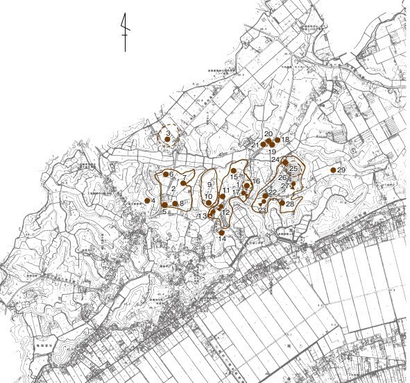 後田遺跡周辺遺跡分布図
