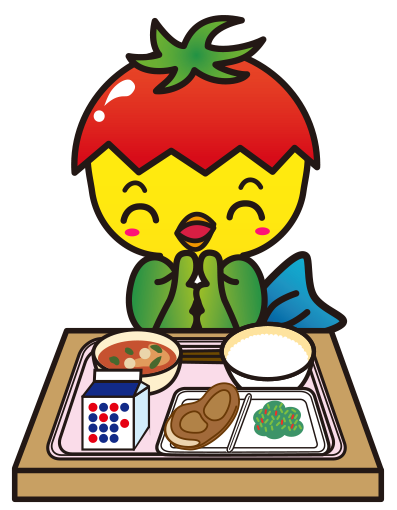 給食を食べているあさピー（旭市イメージアップキャラクター）